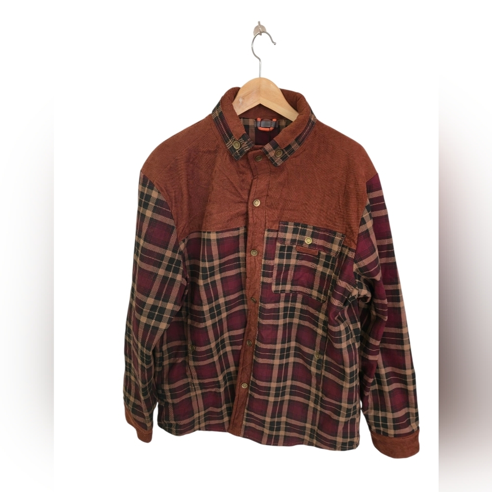 NWT Serremo Men's Faux Fur Lined Cord Flannel Jacket Plaid Burg Brown Size XL